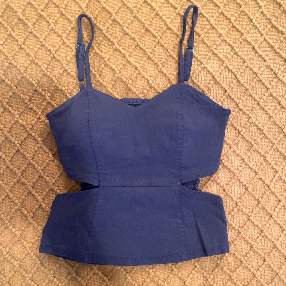 Unique Vintage Blue Cut Out Sides Blue Tank Top